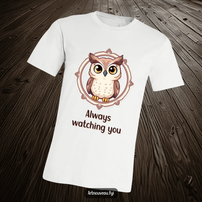 Funny Owl T-Shirt with a curious owl sporting large, expressive eyes, peering through a decorative circular frame, exuding humor and charm.