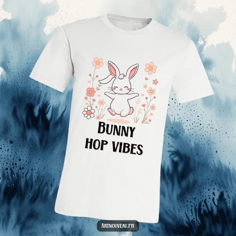 Funny Charming Rabbit T-Shirt: A delightful rabbit with flowing ears dances joyfully amidst vibrant, stylized floral patterns.