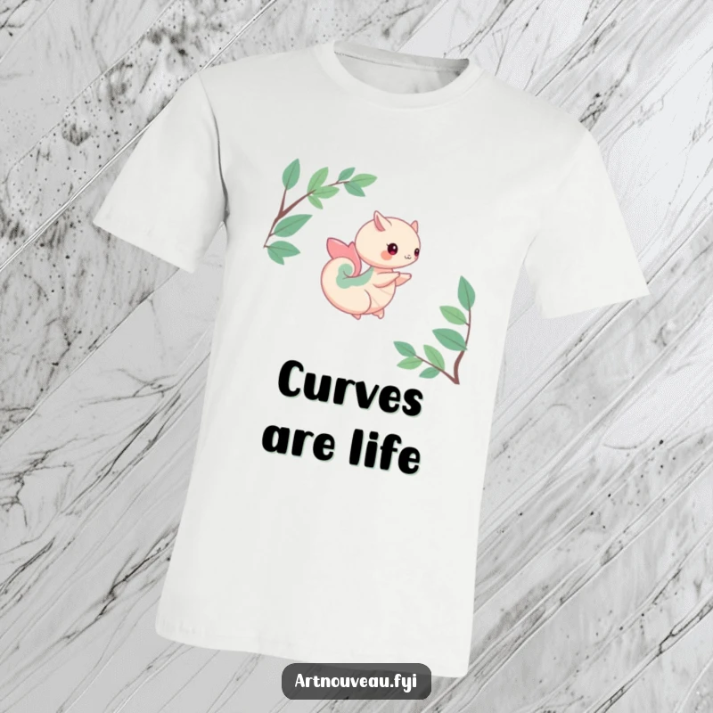 Funny t-shirt showcasing a creature with soft, organic curves in a gentle spinning motion, symbolizing natural beauty and fluidity.
