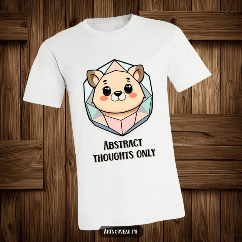 Funny t-shirt showcasing a stylized animal with an inquisitive gaze towards a fascinating geometric and organic abstract shape, perfect for art enthusiasts.