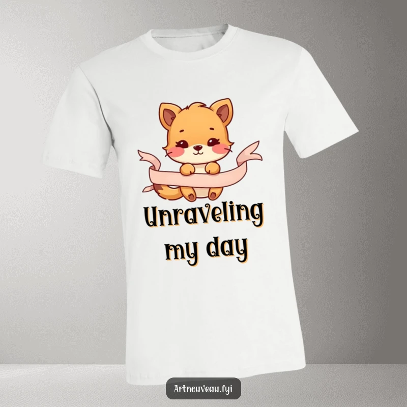 Funny t-shirt with a cute animal entangled in a flowing decorative ribbon, symbolizing playful fun and delightful interaction.