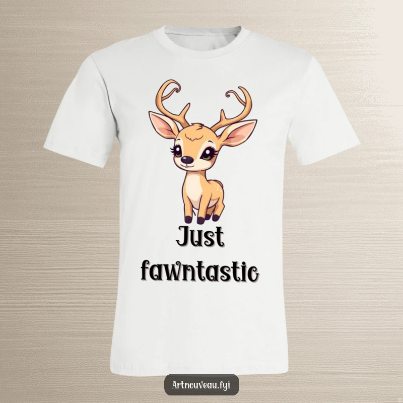 Funny Art Nouveau Deer T-Shirt: A graceful deer with elegant antlers looks up in wonder showcasing intricate art nouveau style.