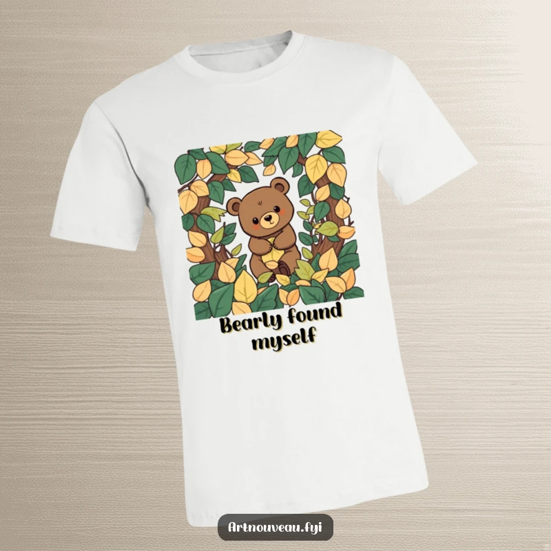 Funny stylized bear with organic shapes exploring a decorative leaf labyrinth, printed on a comfortable and stylish t-shirt.