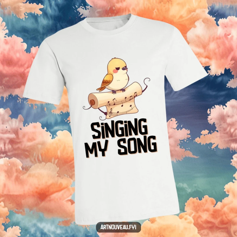 Funny Bird T-Shirt: A small bird rests on a decorative, flowing musical scroll, creating a charming and humorous visual.