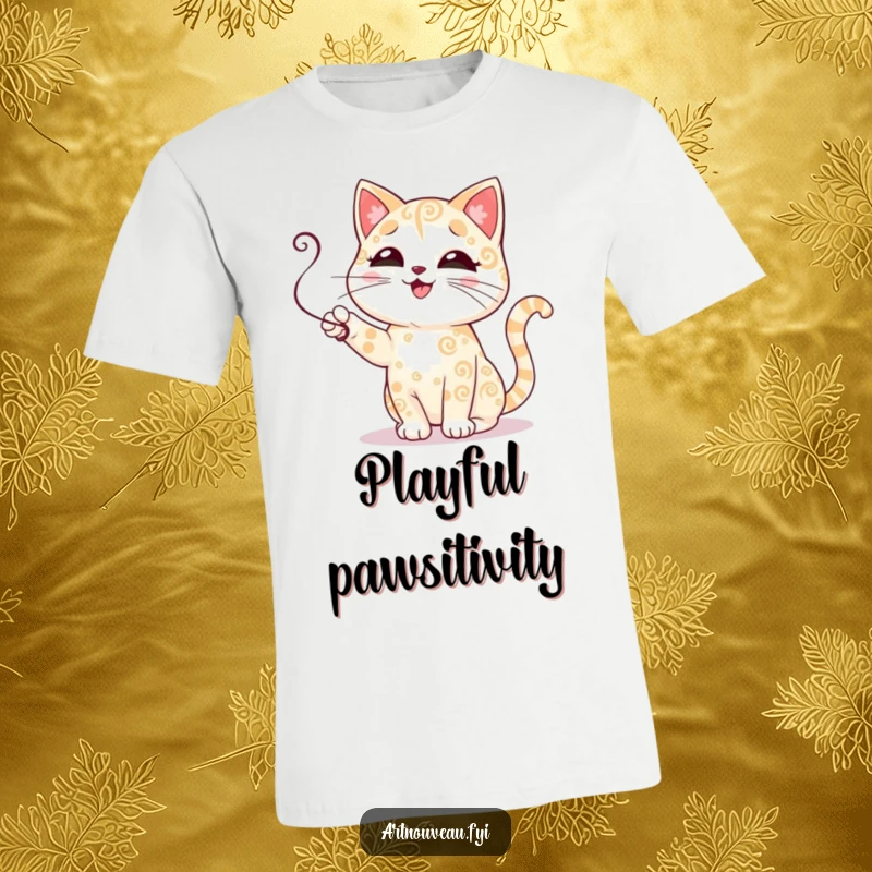 Funny cat t-shirt showcasing a delightful cat with ornate fur designs playfully batting at a swirling tendril, capturing a moment of playful energy.