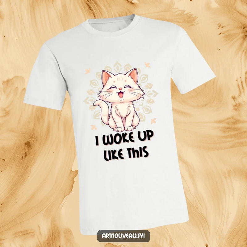 Funny T-Shirt: Delighted cat with flowing fur posing against a decorative pattern, showcasing artistic and playful apparel.