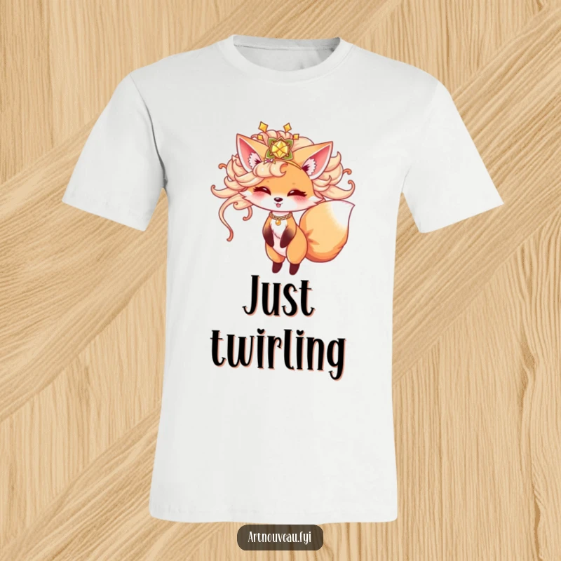 Funny fox t-shirt, cute animal in ornate hairpiece playfully twirling, whimsical fashion, unique graphic tee, great funny gift.