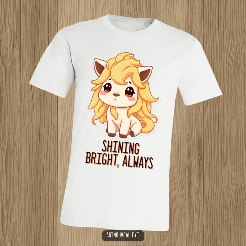 Funny t-shirt of an animal with a flowing liquid gold mane, looking upwards with inquisitive curiosity and a touch of magic.