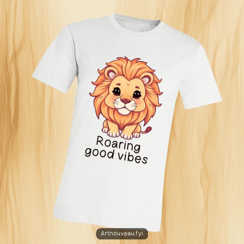 Funny Lion T-Shirt: A majestic lion with an ornate mane serenely gazes upon a flowing artistic design, exuding calm humor.