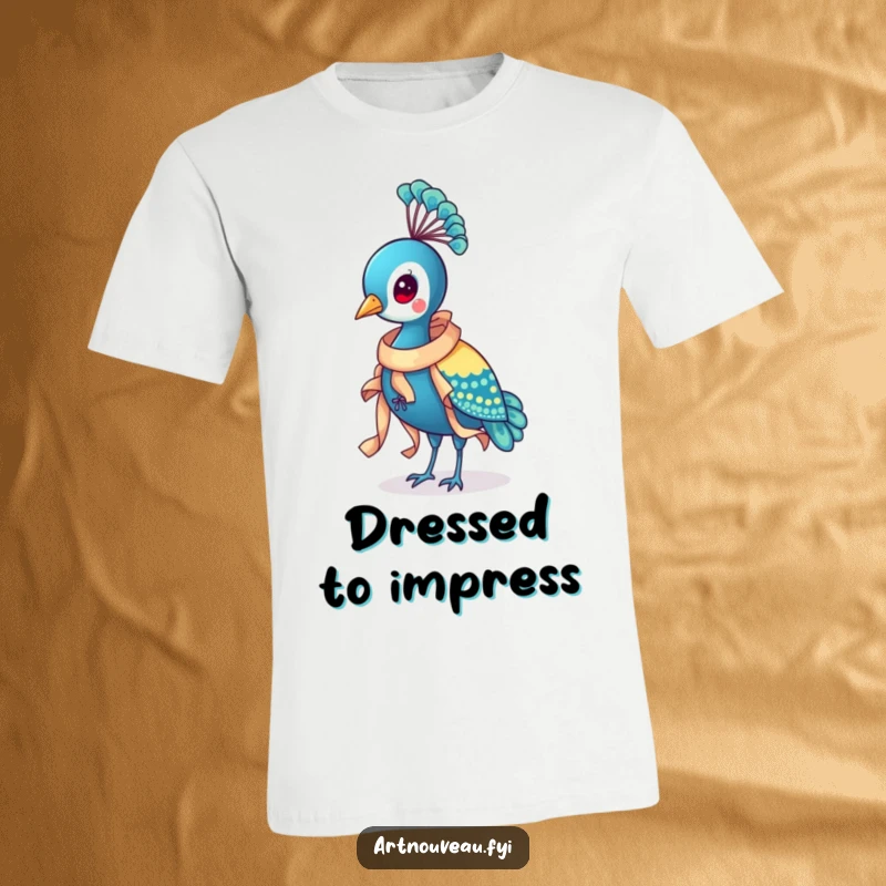Funny Peacock Ribbon T-Shirt depicting a distinguished bird wearing a flowing, ornate ribbon around its neck, exuding humorous style.