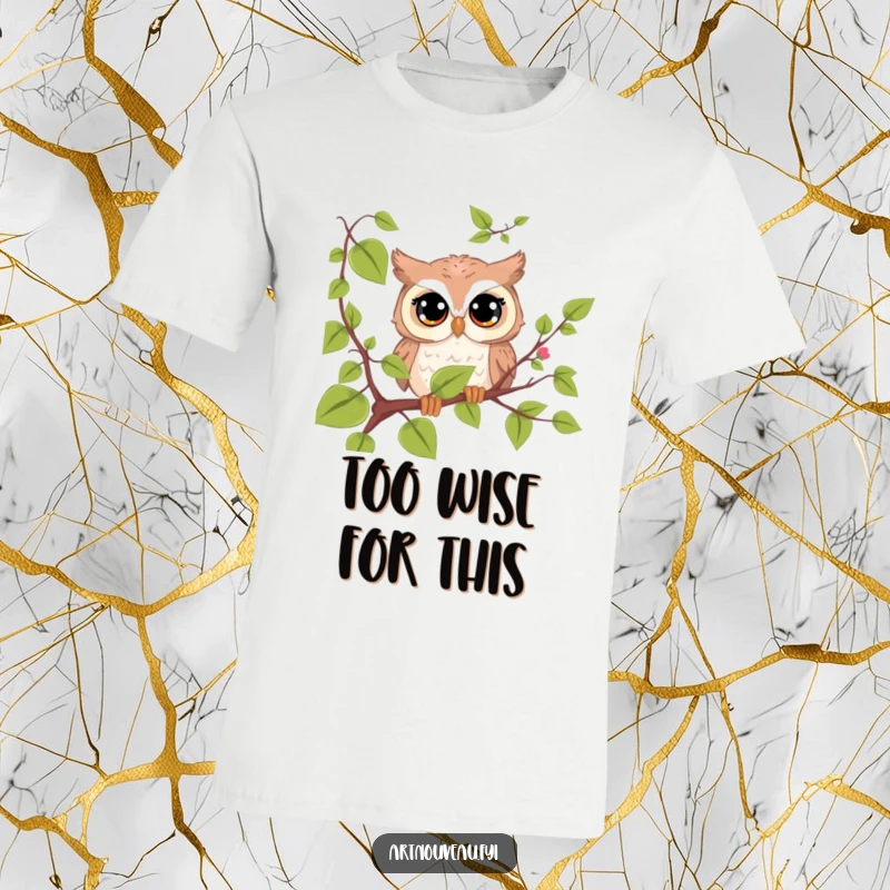 Funny cute owl t-shirt, curious bird peeking from behind a vine, highlighting its big eyes, a humorous gift.