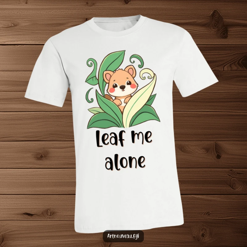 Funny t-shirt featuring a playful animal’s head emerging from behind abstract, swirling stylized leaves, showcasing curiosity and fun.