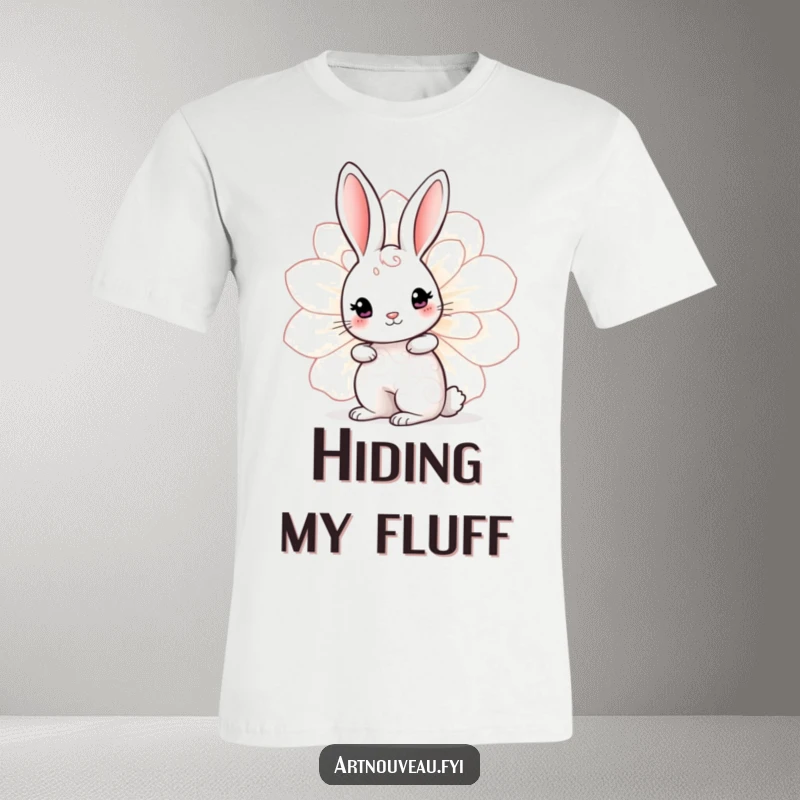 Funny Rabbit Bloom T-Shirt featuring a cute rabbit with swirling patterns peeking from behind a large decorative bloom, charming and fun.