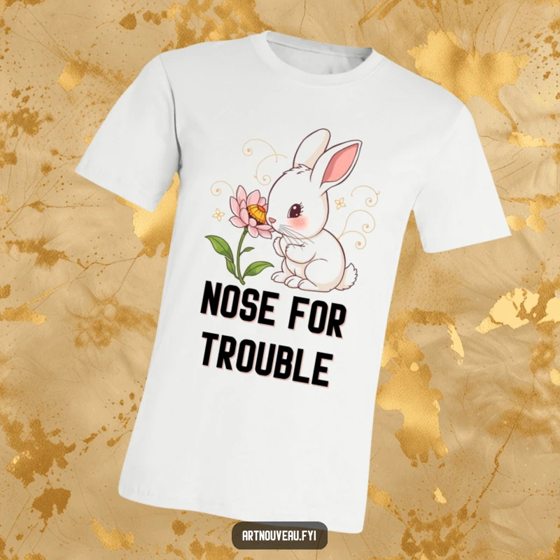 Funny T-Shirt: Curious rabbit with art nouveau swirls examining a detailed flower, a charming and artistic apparel item.