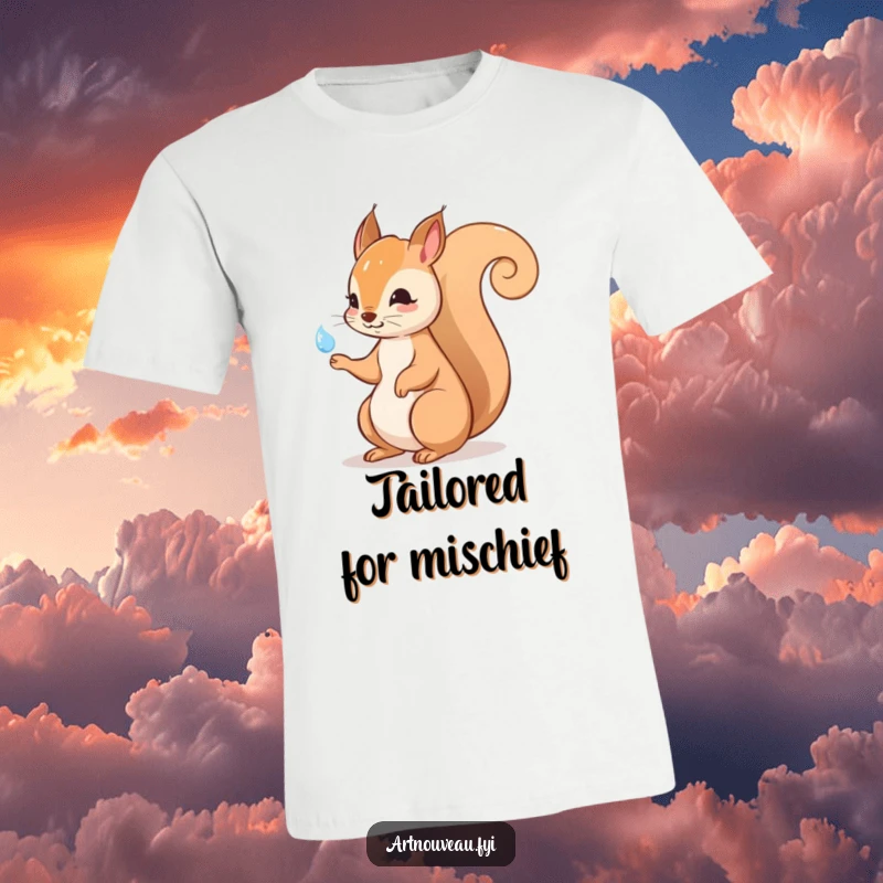 Funny squirrel t-shirt showcasing an elegant swirling tail and a dewdrop, perfect for nature lovers and those seeking whimsical apparel.