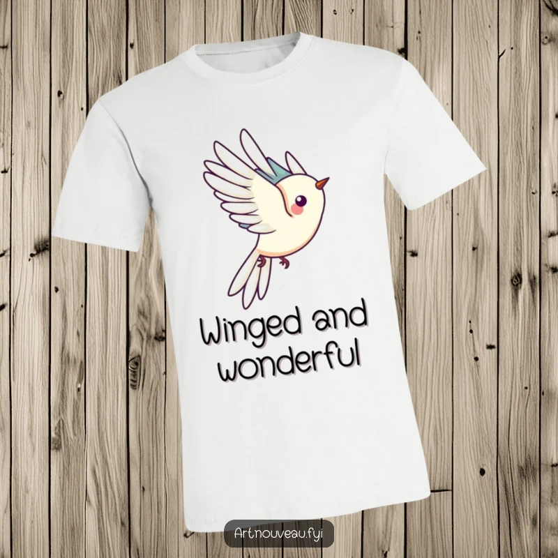 Funny t-shirt showing a stylized bird with dramatically elongated tail feathers captured mid-flight, symbolizing freedom and elegance.