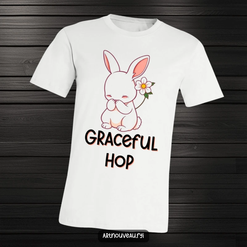 Funny rabbit t-shirt, Art Nouveau feline, gracefully bowing, flower accent, stylish graphic tee, great funny gift for artists.
