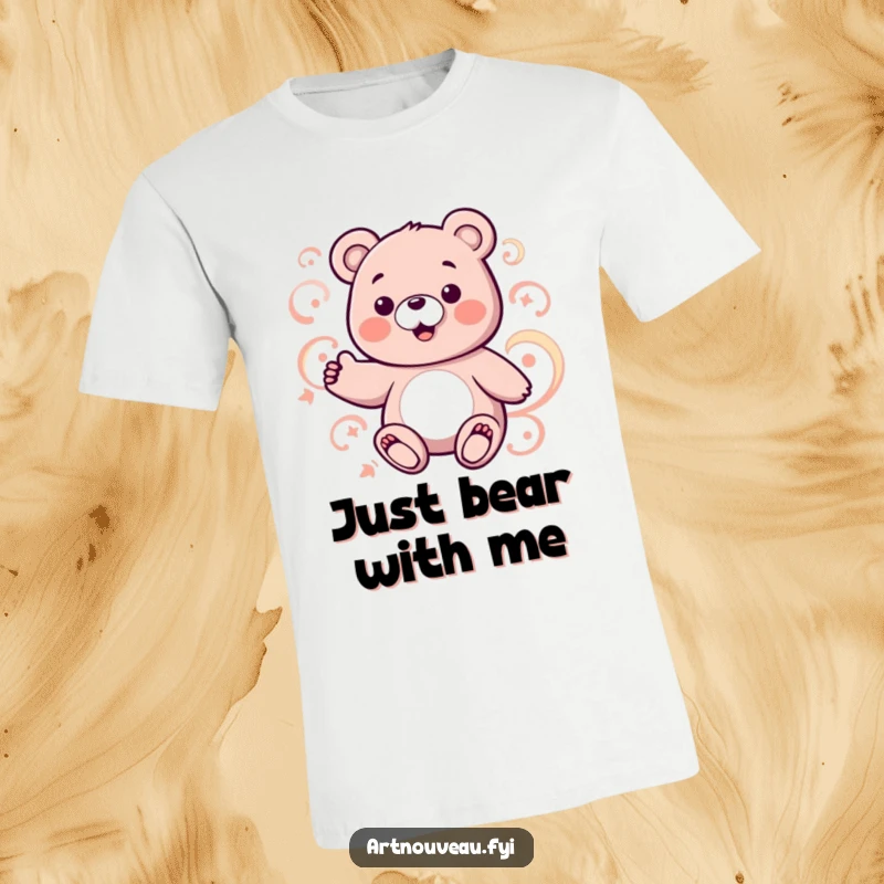 Funny bear t-shirt featuring a charming bear character interacting with swirling, curvilinear patterns, celebrating abstract art.