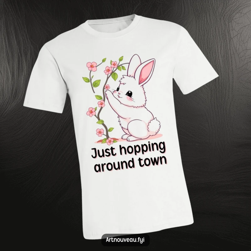 Funny t-shirt with a fluffy bunny showing elegant curves while reaching for a blooming vine, perfect for nature enthusiasts.