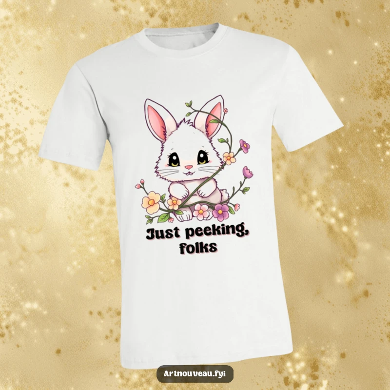 Funny bunny t-shirt, a fluffy bunny with large eyes peeking from a swirling floral vine, cute gift.