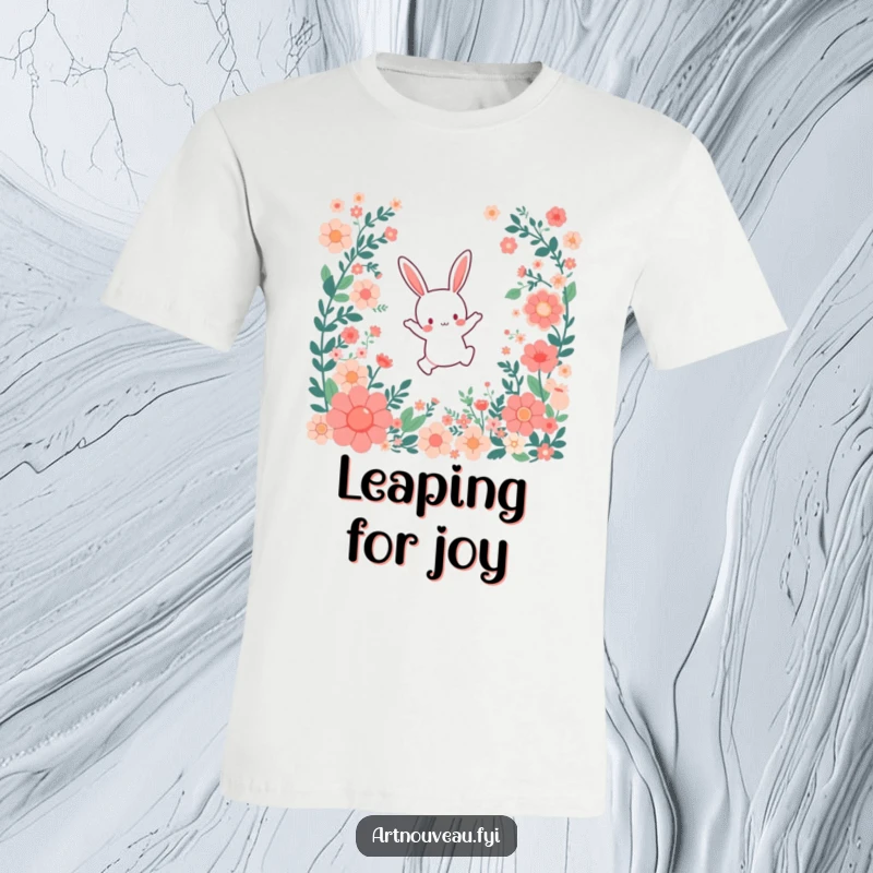Funny T-Shirt: A small bunny character joyfully leaping through a cascade of stylized floral patterns, embodying vibrant energy.
