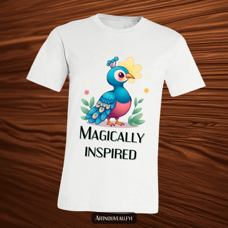 Funny Enchanted Peacock T-Shirt featuring a bird looking enchanted by a magical, glowing bloom, symbolizing wonder and delightful humor.