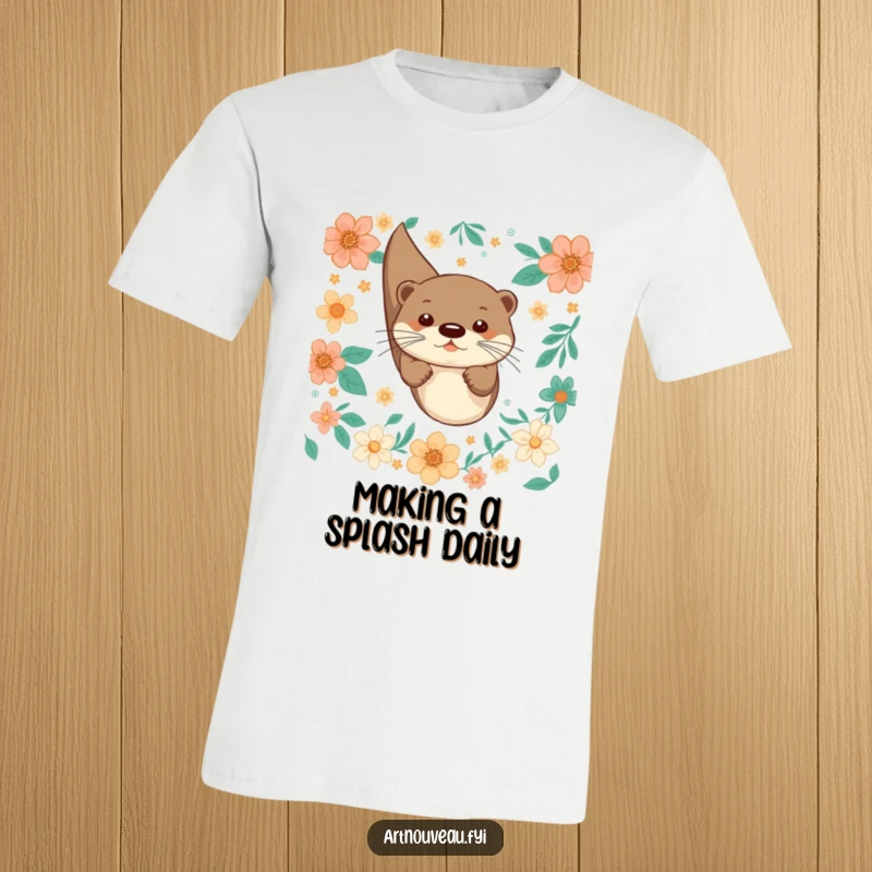 Funny t-shirt with a playful otter diving with joy through decorative floral patterns, radiating happiness.