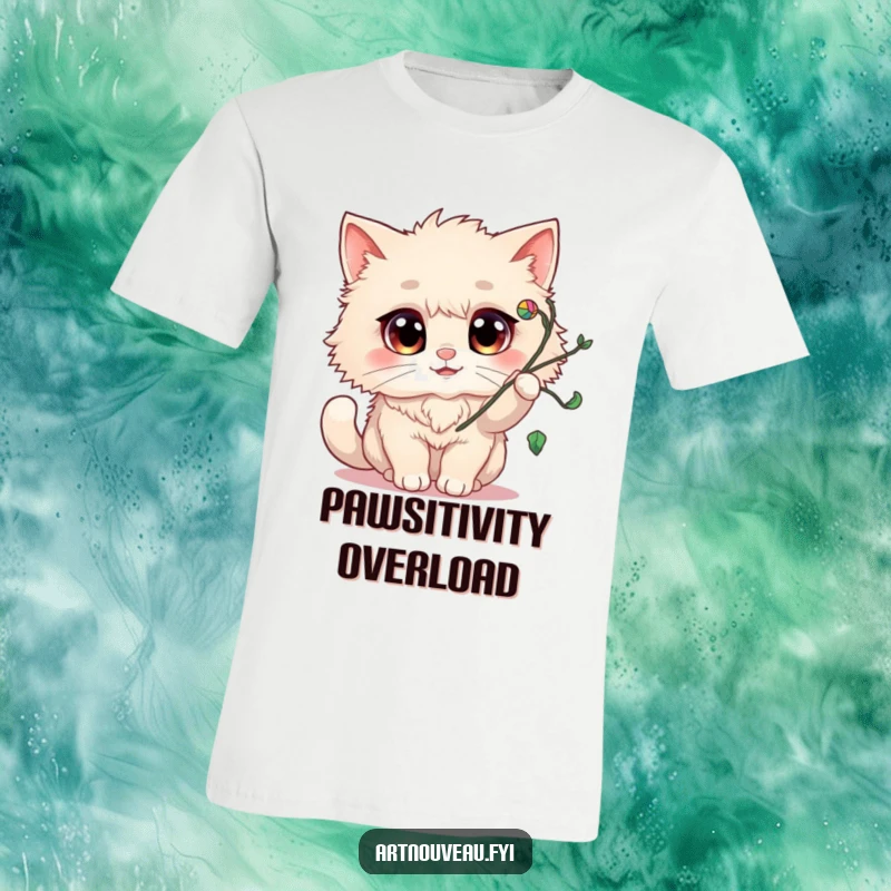 Funny T-Shirt: A fluffy cat with large, cheerful eyes engaged in playful batting at a swirling vine-like flourish, artful and amusing.