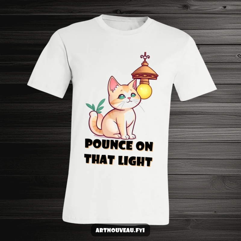 Funny cat t-shirt, a curious cat with graceful curves batting at a decorative hanging lamp, playful pet owner gift.