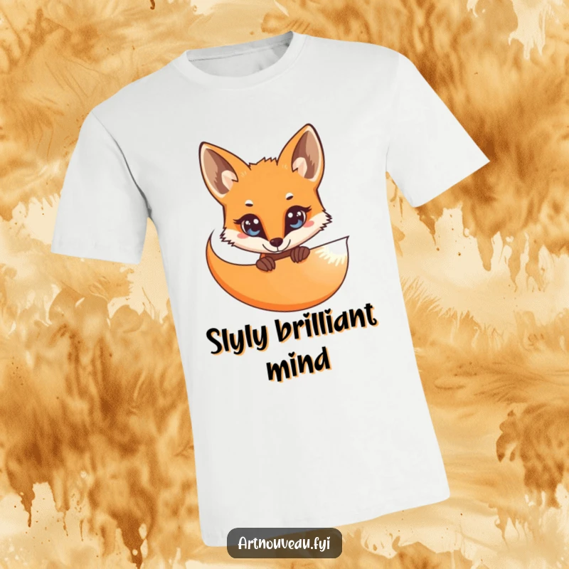 Funny T-Shirt: A curious fox with bright eyes peeking from behind a flowing, organic curve of elegant lines, showcasing stealth and charm.