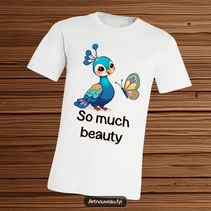 Funny Art Nouveau Peacock T-Shirt featuring a gentle bird smiling while observing a butterfly with detailed art nouveau wings, a blend of art and humor.