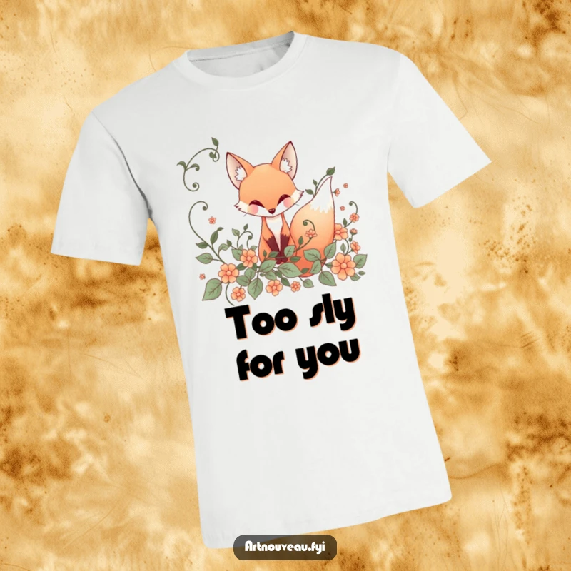 Funny T-Shirt: Whimsical fox with flowing lines peeking from ornate vines, displaying elegant art nouveau artwork.