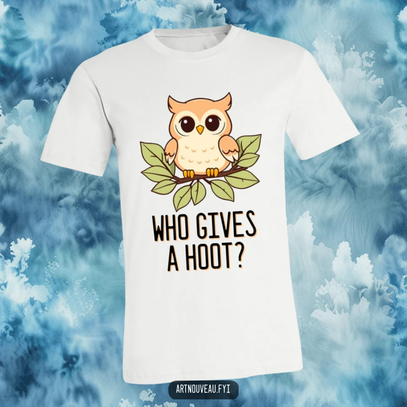 Funny T-Shirt: Playful owl with curved details floating gracefully on stylized leaves, showcasing beautiful art nouveau art.