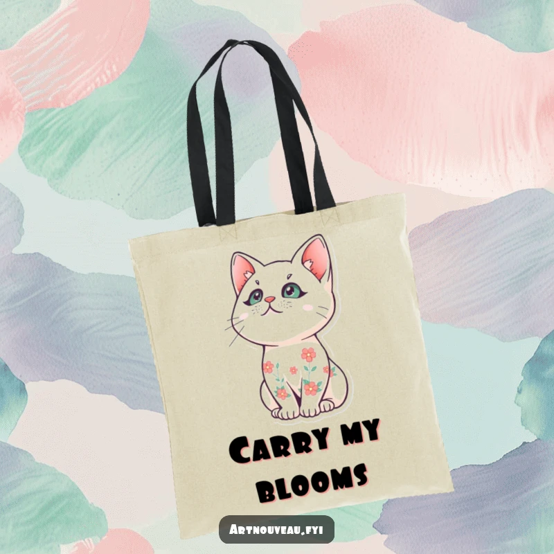 Funny cat tote bag, stylized cat with floral fur, gazing upwards, artistic accessory, excellent funny gift for shoppers.