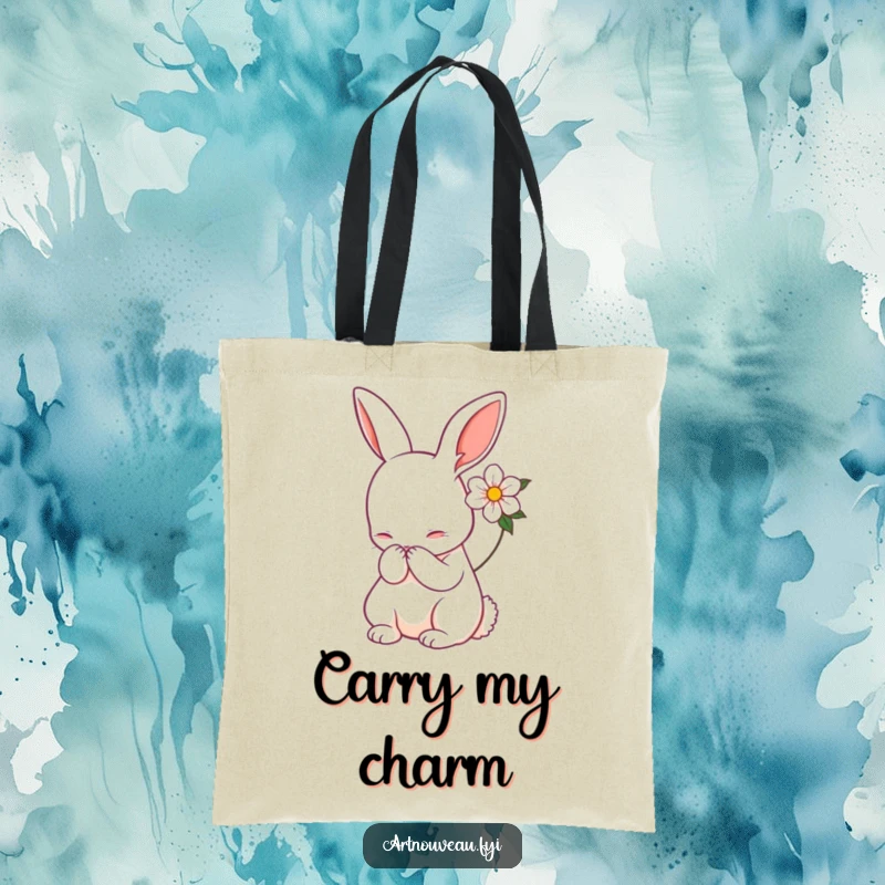 Funny rabbit tote bag, Art Nouveau style, gracefully bowing, flower accent, artistic accessory, excellent funny gift.