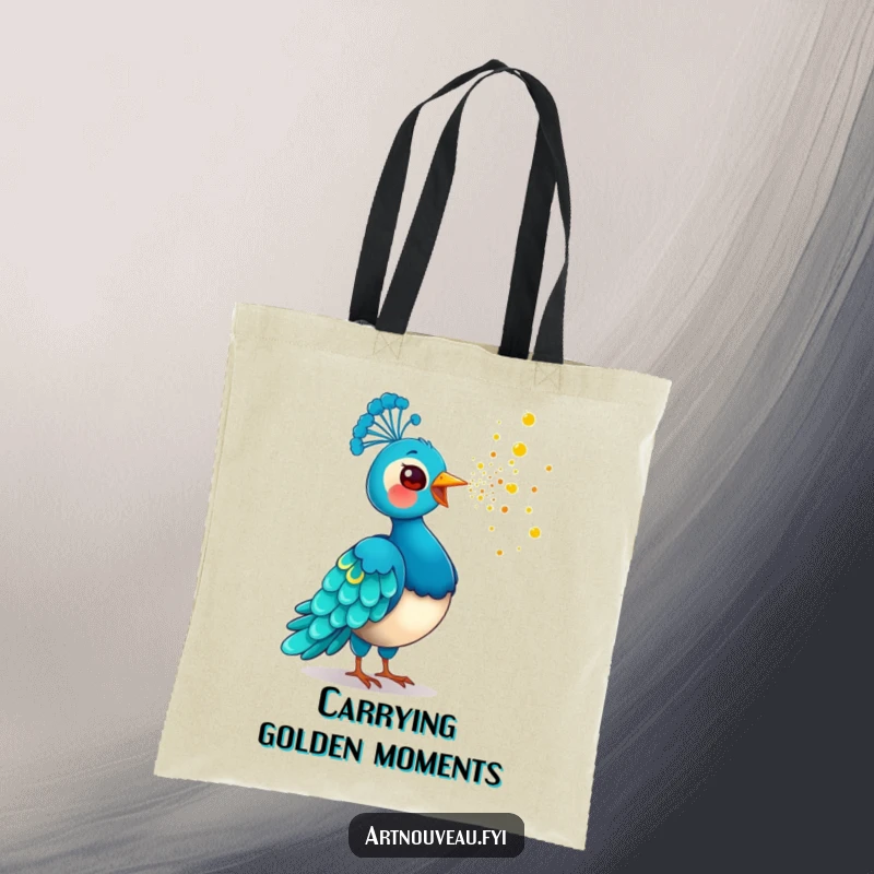 Funny Golden Dust Peacock Tote Bag featuring a playful bird scattering golden dust, perfect for carrying essentials with a touch of magical humor.