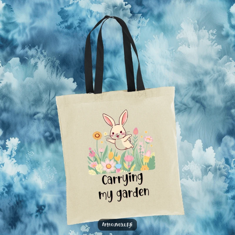 Funny tote bag featuring a smiling hare leaping through a field of beautifully patterned plants, ideal for carrying essentials stylishly.