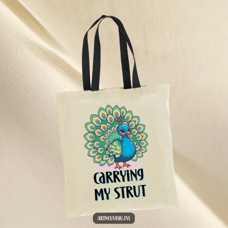 Funny tote bag featuring a peacock fanning its tail with elaborate feather patterns, perfect for stylish and functional use.