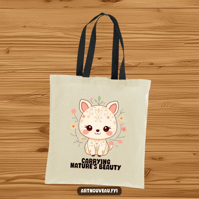 Funny tote bag featuring a sweet animal with a pleasant smile, decorated with detailed nature patterns, perfect for stylish and humorous everyday use.