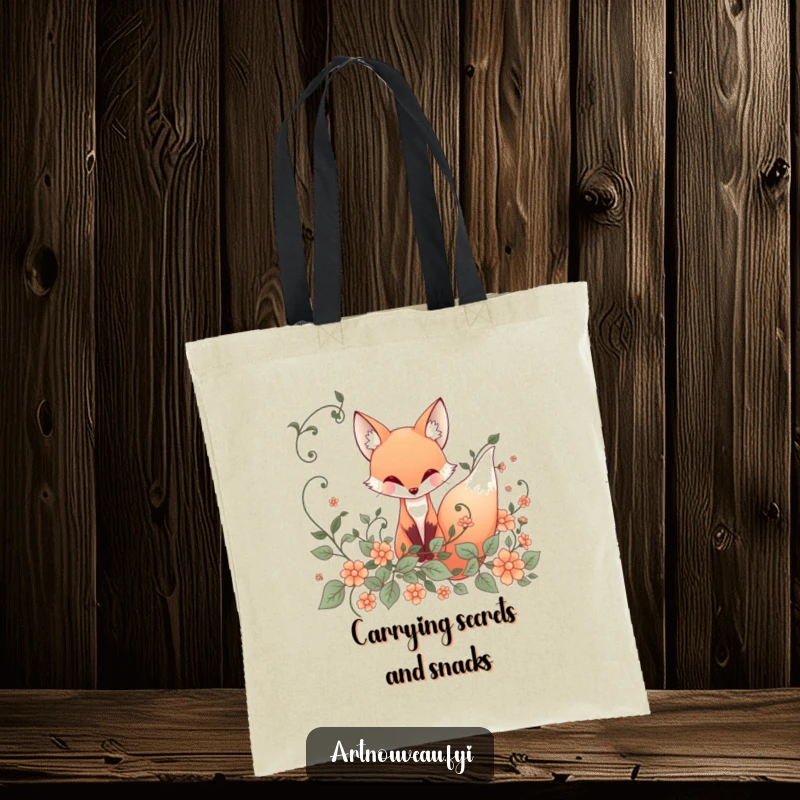 Funny Tote Bag: Whimsical fox with flowing lines peeks from ornate art nouveau vines, a stylish and practical accessory.