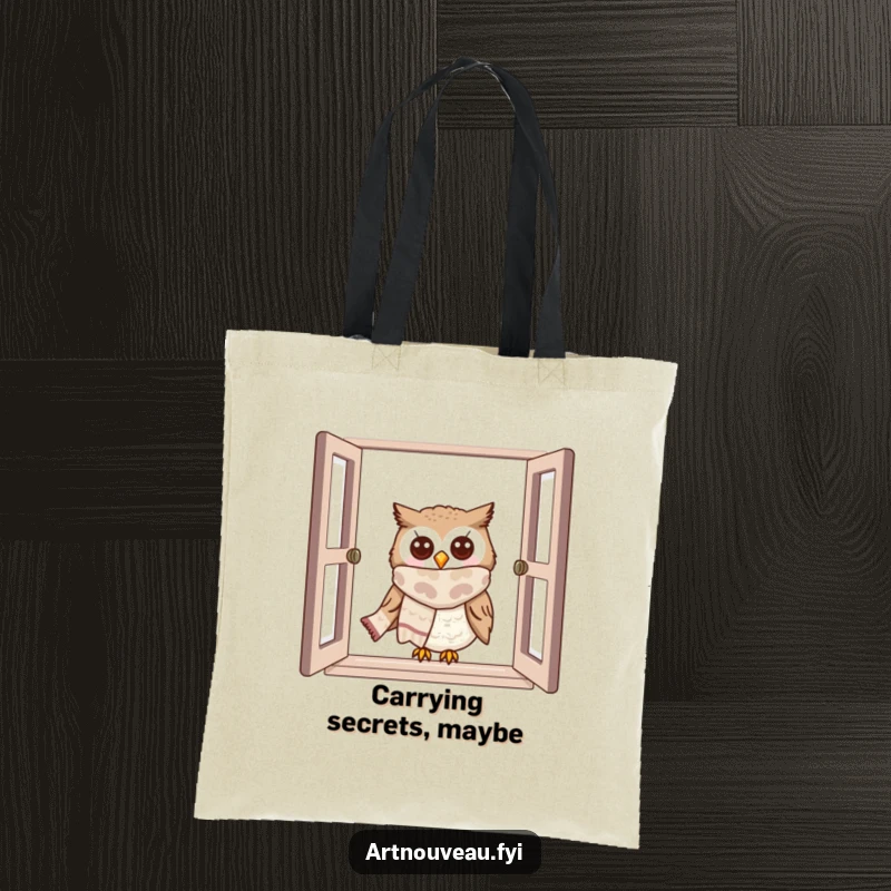 Funny owl tote bag with a cute owl wearing a scarf peeking from a window, perfect for carrying daily items.