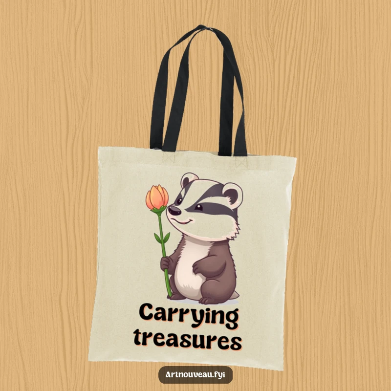 Funny Tote Bag: A badger with a whimsical grin admiring a dramatically curved flower stem, a cute and humorous accessory.
