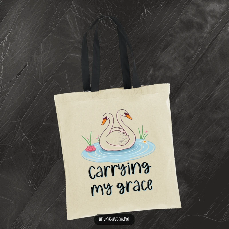 Elegant swan tote bag with graceful sweeping lines across a decorative pond, ideal for carrying daily items with artistic flair.