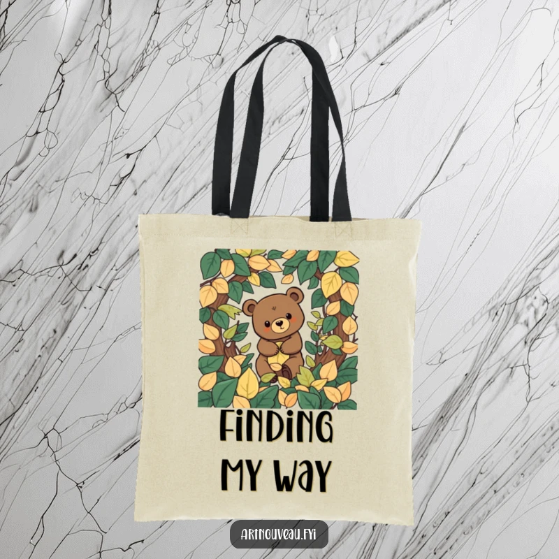 Funny stylized bear with organic shapes exploring a decorative leaf labyrinth, printed on a durable and fashionable tote bag.