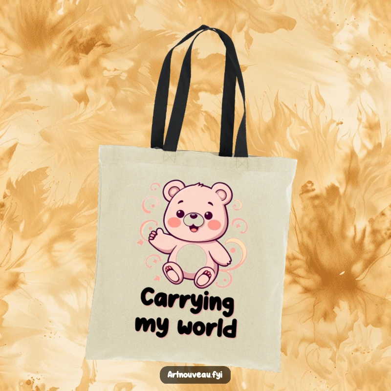 Funny bear tote bag with a charming bear character and abstract swirling patterns, ideal for stylish transport.