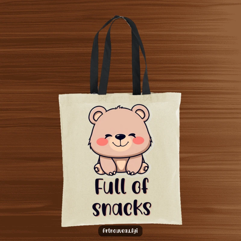 Funny bear tote bag with flowing, organic lines on its muzzle and a contented smile, ideal for carrying daily items with joy.