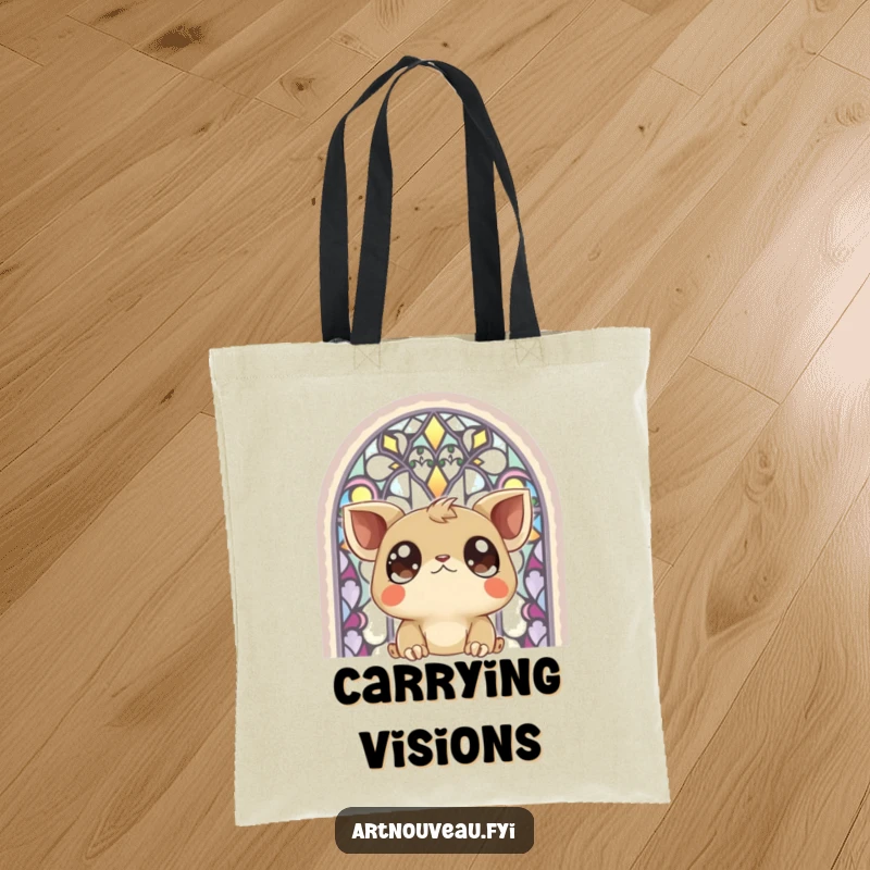 Funny Tote Bag: A creature with large, expressive eyes gazing at a detailed stained-glass window, perfect for carrying essentials.