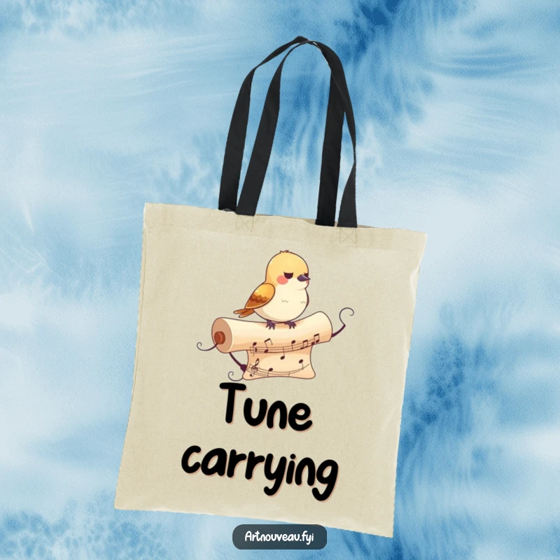 Funny Bird Tote Bag: Features a small bird perched on a decorative, flowing musical scroll, perfect for carrying essentials with musical charm.