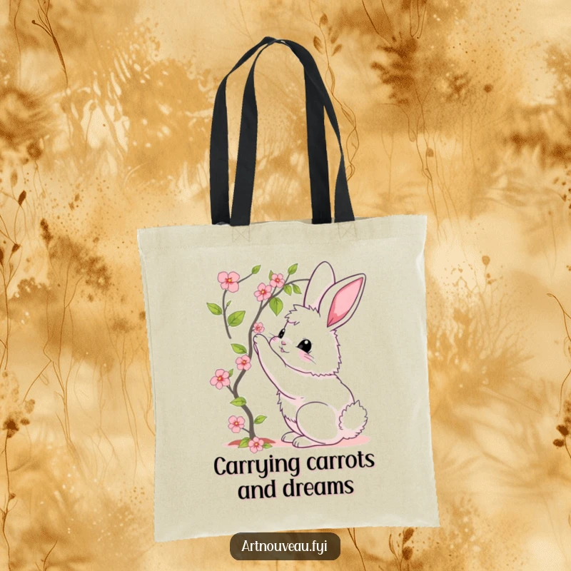 Funny tote bag with a fluffy bunny displaying elegant curves, reaching for a blooming vine, great for shopping and daily use.