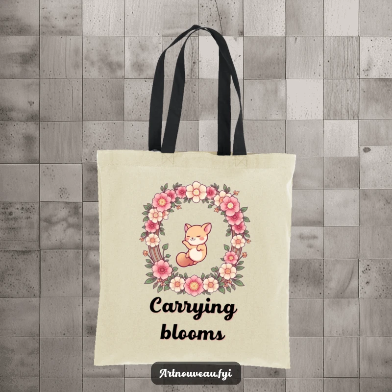 Funny tote bag with a cute animal dramatically diving through a decorative floral arch, highlighting playful movement and whimsical artistry.